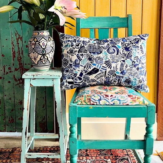 Anna Chandler Rectangle Velvet Cushion - Blue Mosaic