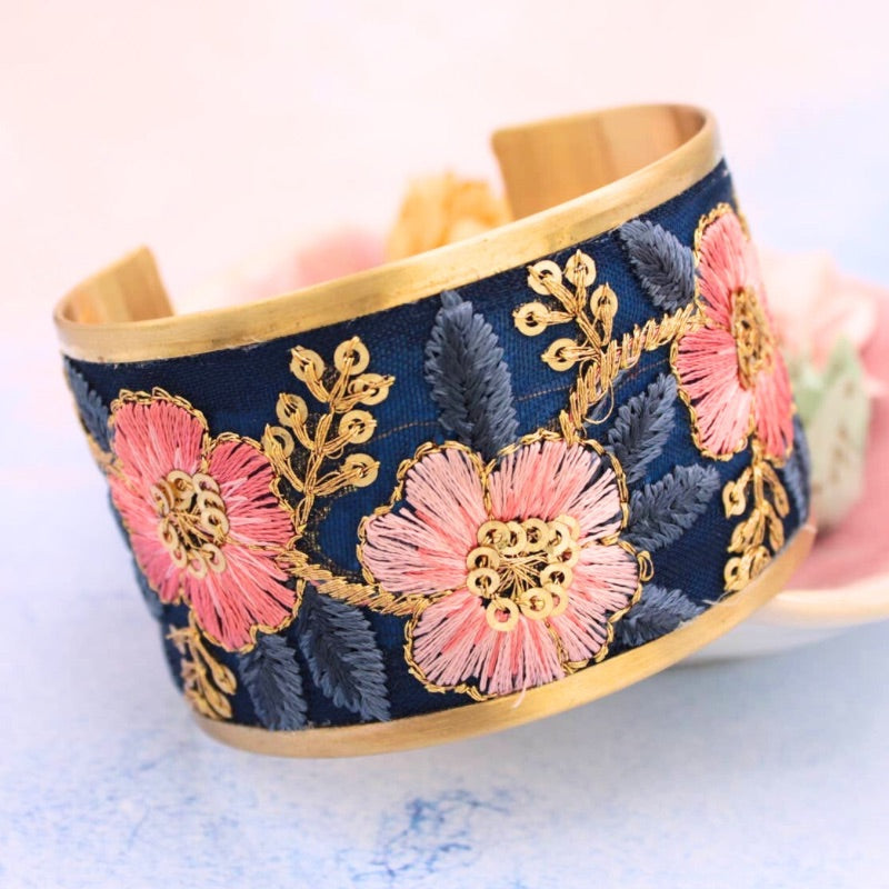 Vintage Pink Blue Embroidered Cuff Bracelet