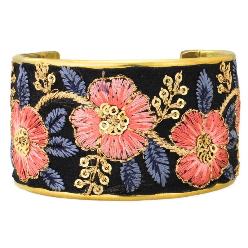 Vintage Pink Blue Embroidered Cuff Bracelet