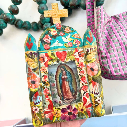 Our Lady of Guadalupe Hand Painted Tin Nicho Frame with Cross