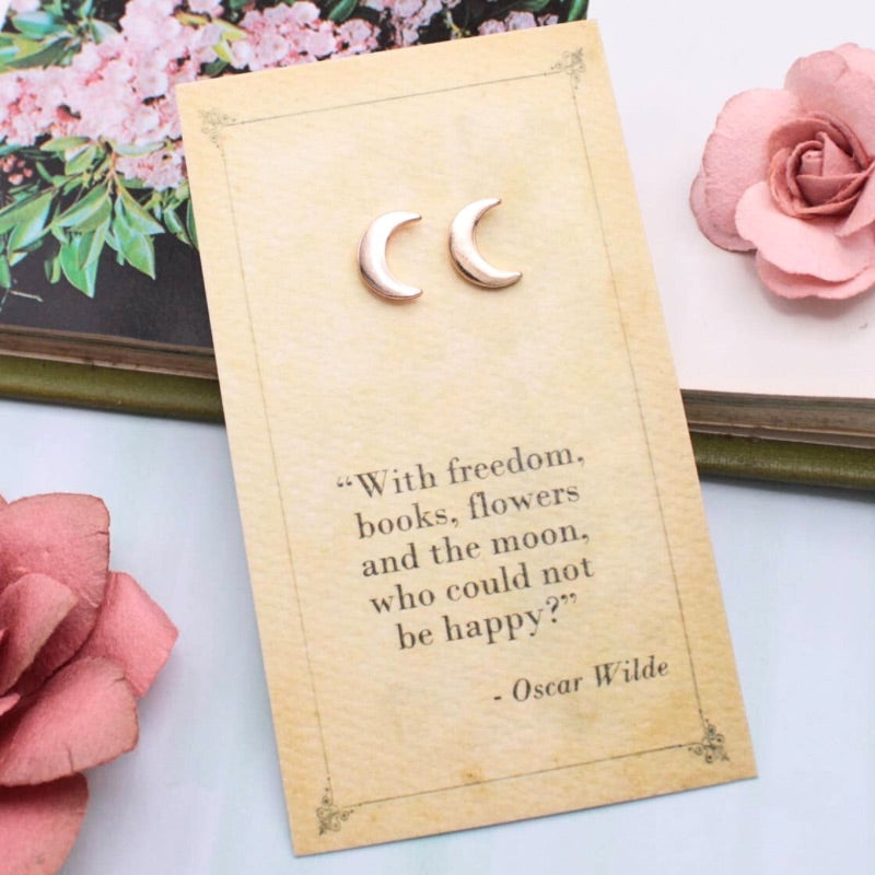 Literary Quote Crescent Moon Post Earrings