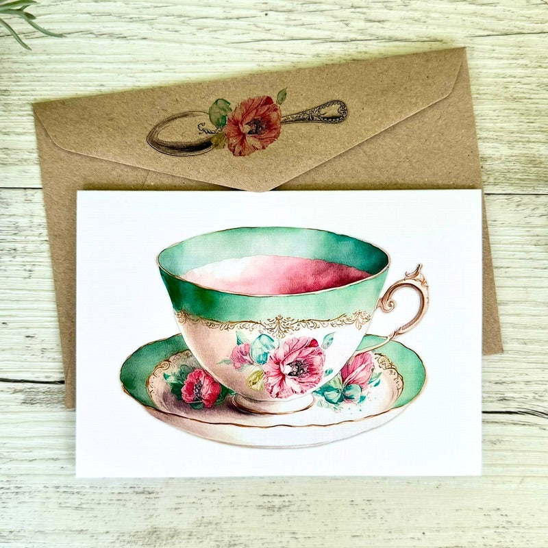 Vintage Teacup Blank Greeting Card - Aqua Pink
