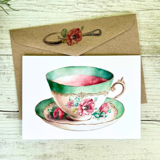 Vintage Teacup Blank Greeting Card - Aqua Pink