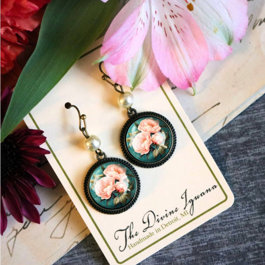 Pink Peony Earrings with Pearl Bead