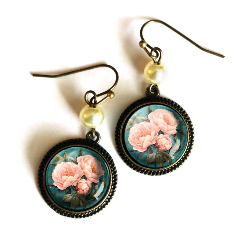 Pink Peony Earrings with Pearl Bead