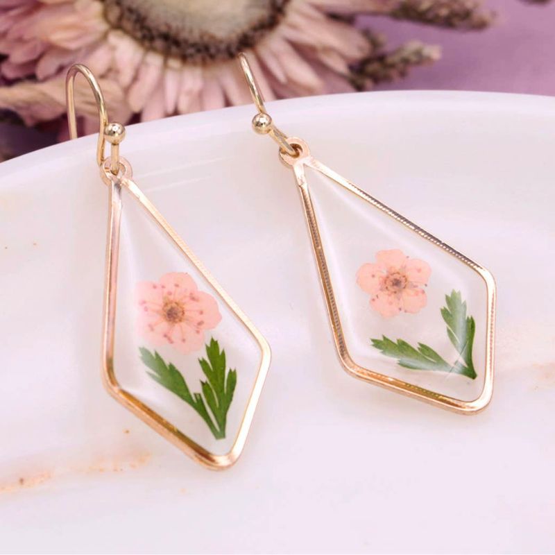 Pink Bloom Dried Flower Diamond Drop Earrings