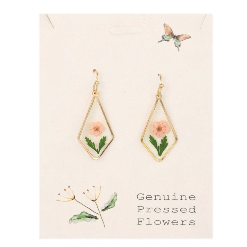 Pink Bloom Dried Flower Diamond Drop Earrings