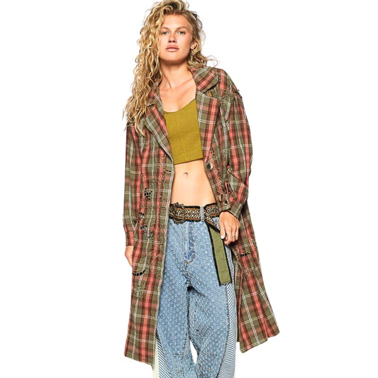 Olive/Earth Pink Long Plaid Jacket with Contrast Stitch Detailing