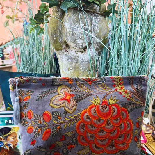 Plush Velvet Exotic Floral Beauty Bag in Grey