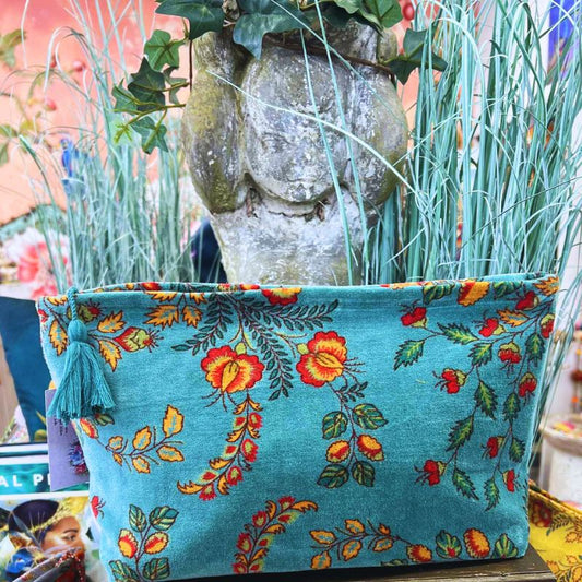 Plush Velvet Exotic Floral Beauty Bag in Teal