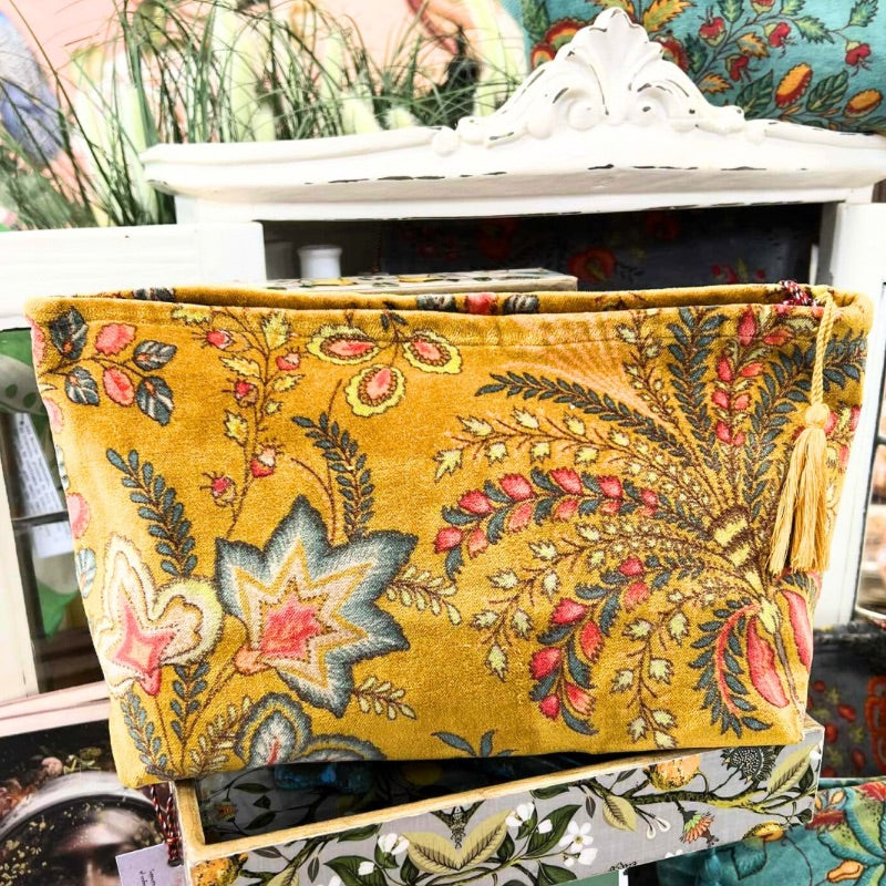 Plush Velvet Exotic Floral Beauty Bag in Golden Spice