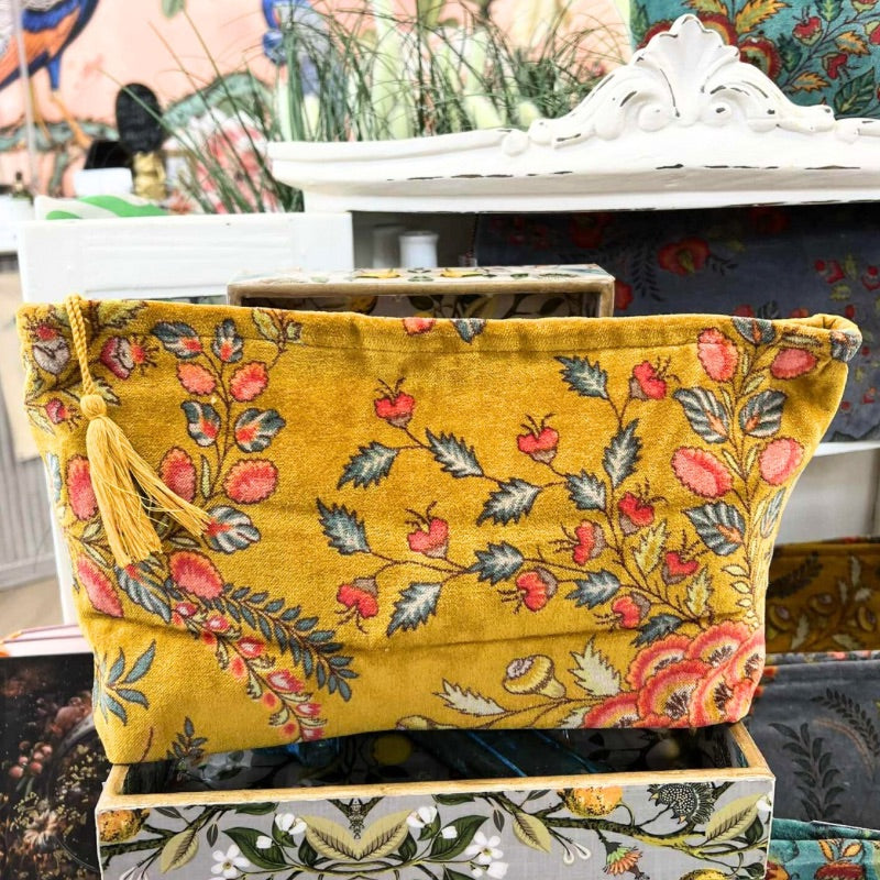 Plush Velvet Exotic Floral Beauty Bag in Golden Spice