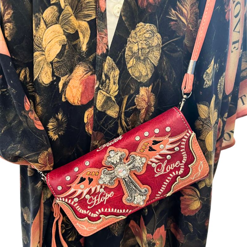 Faith Hope and Love Crossbody Wallet in Rustic Red