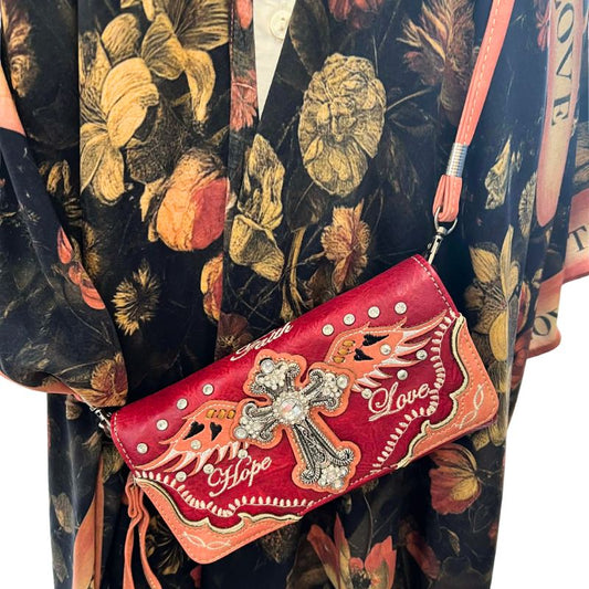 Faith Hope and Love Crossbody Wallet in Rustic Red