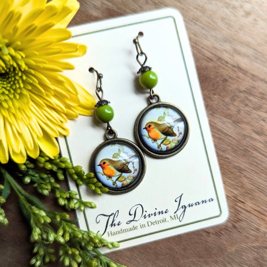 Spring Robin Vintage Inspired Glass Cabochon Earrings