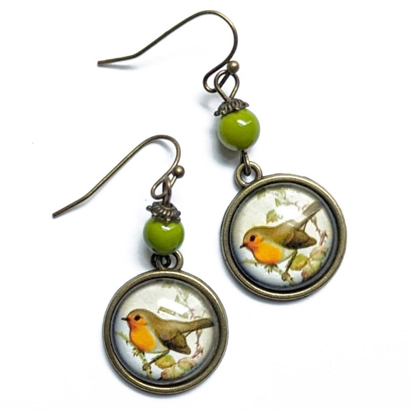 Spring Robin Vintage Inspired Glass Cabochon Earrings