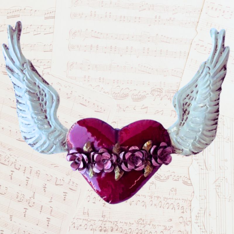 Ruby Red Heart with Roses & Wings