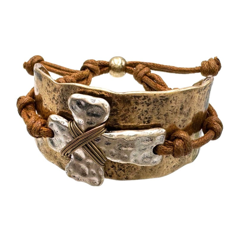 Rustic Cross Hammered Metal Cuff Bracelet