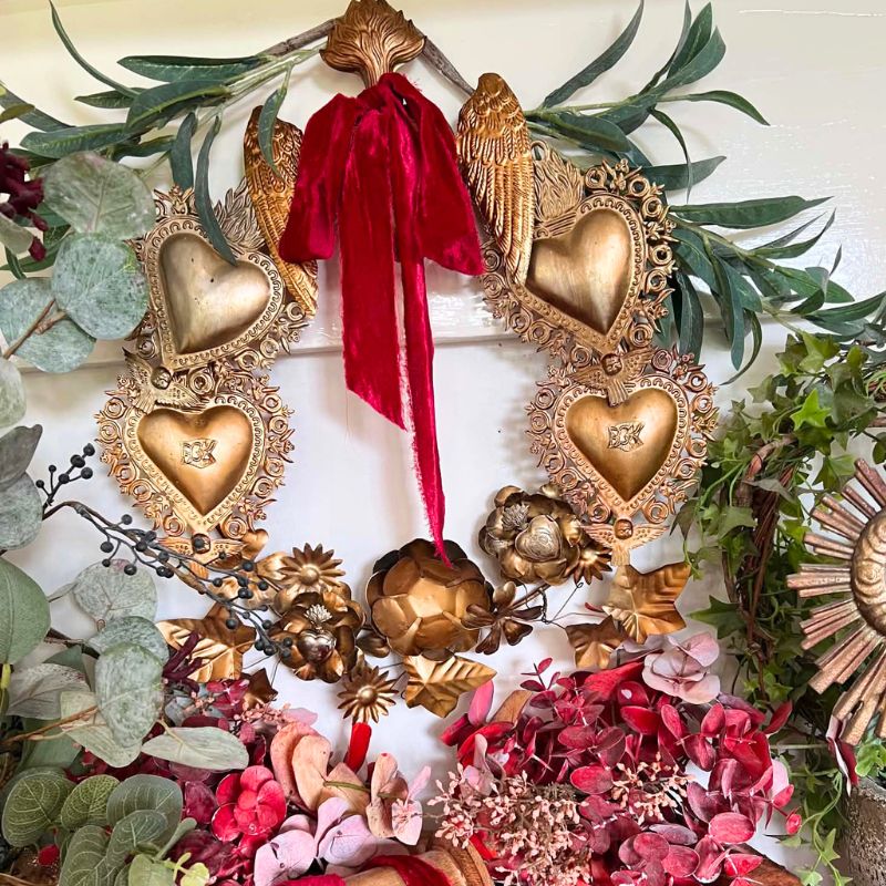 Sacred Heart Wreath with Vintage Velvet Ribbon