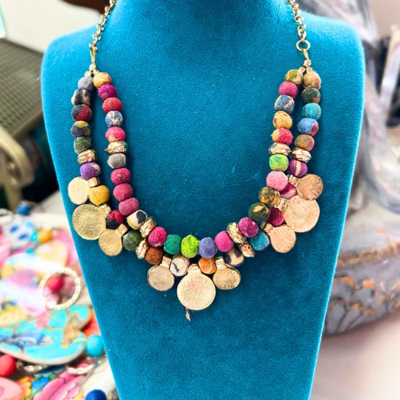 Recycled Fabric Bead and Gold Disc Necklace