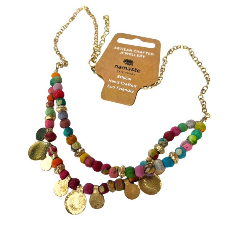 Recycled Fabric Bead and Gold Disc Necklace
