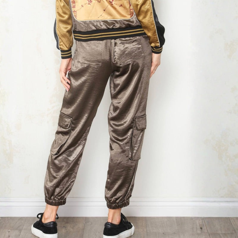 Hammered Satin Cargo Jogger in Bronze Olive