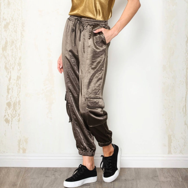 Hammered Satin Cargo Jogger in Bronze Olive
