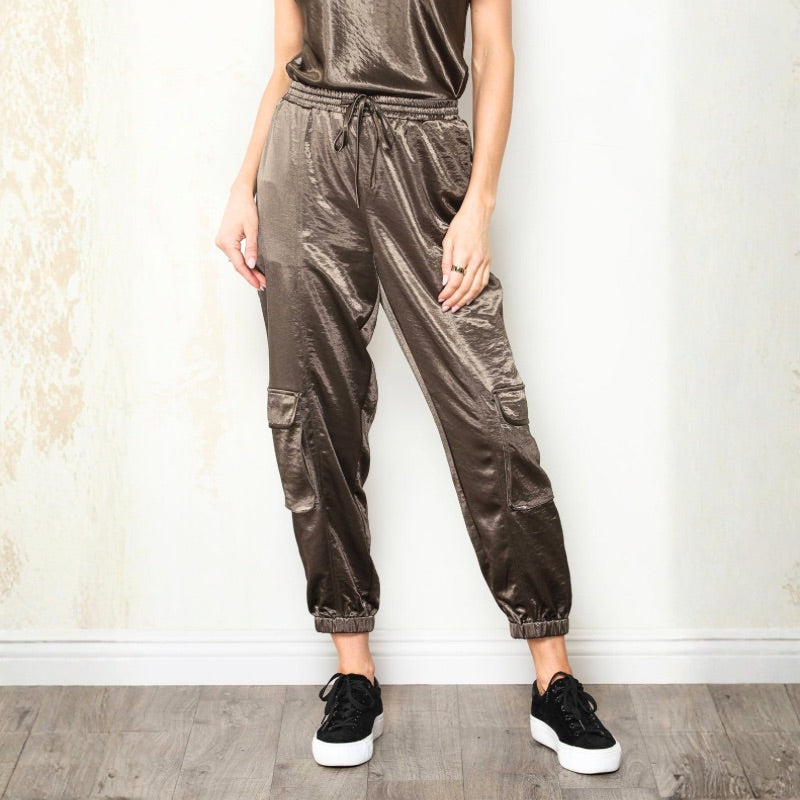 Hammered Satin Cargo Jogger in Bronze Olive