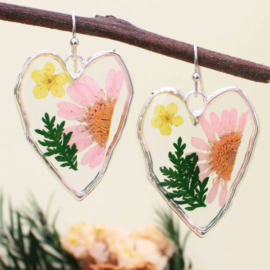 Silver Heart Dried Flower Earrings