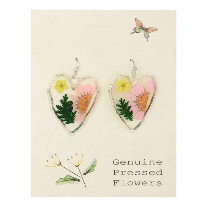 Silver Heart Dried Flower Earrings