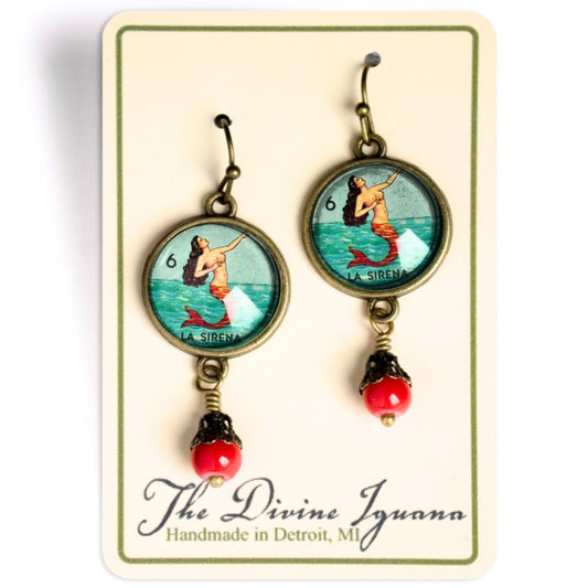 Loteria La Sirena Mermaid Glass Cabochon Earrings