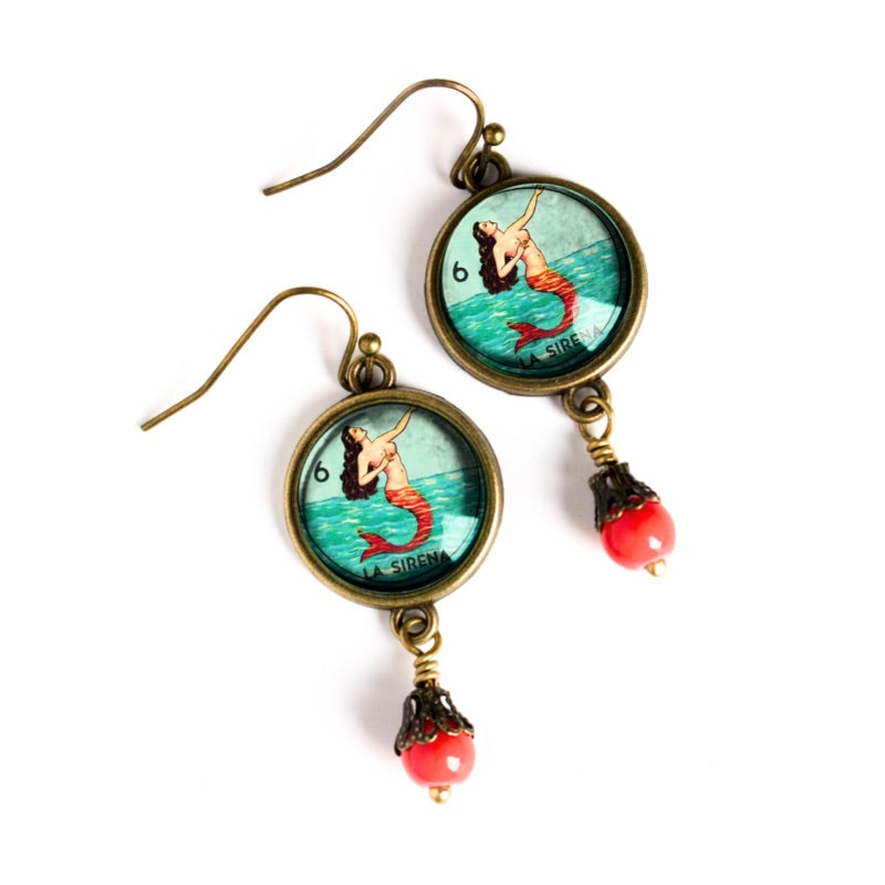 Loteria La Sirena Mermaid Glass Cabochon Earrings
