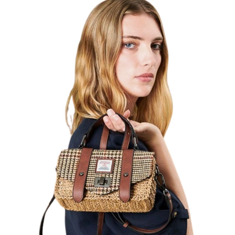 Islander UK Mini Straw Satchel in Beige Dogtooth