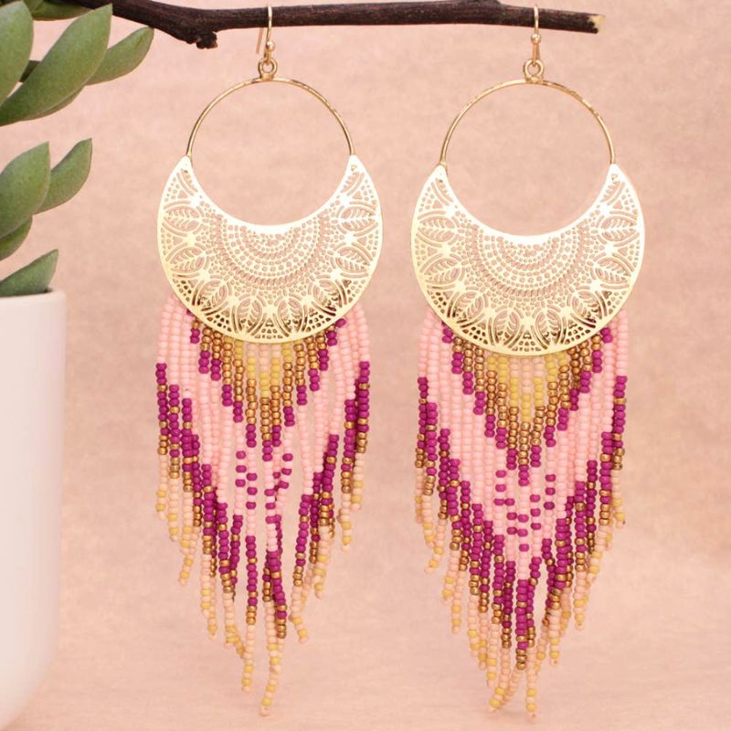 Southwest Sunset Pink Bead Fringe Earrings