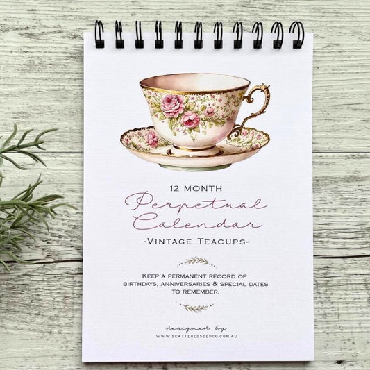 Vintage Teacups Perpetual Calendar - Birthday Record book