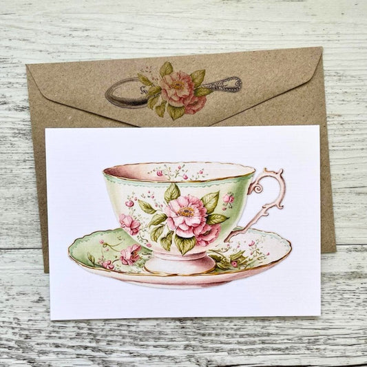 Vintage Teacup Greeting Card - Light Green & Pink