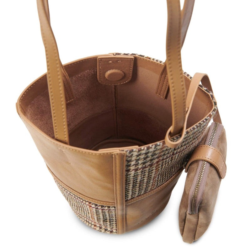 The Orlagh Leather Tote with Beige Dogtooth
