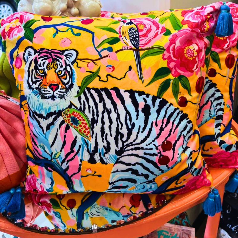 Tiger in Floral Garden Luxe Velvet Cushion