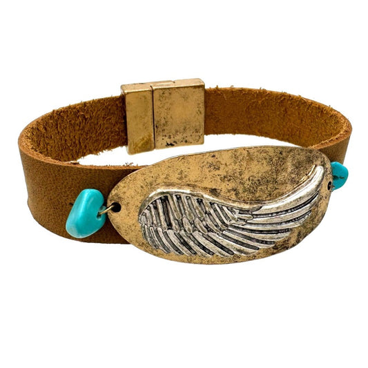 Native Turquoise and Angel Wing Pu Leather Wrap Bracelet