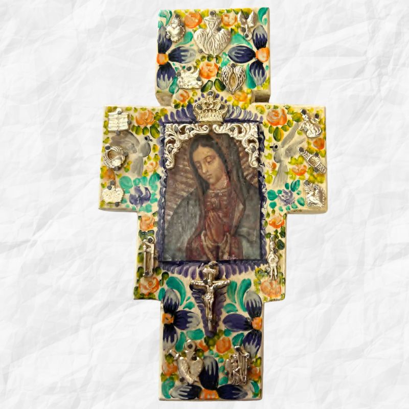 Hand-painted White Wooden Cross with Florals and Milagros