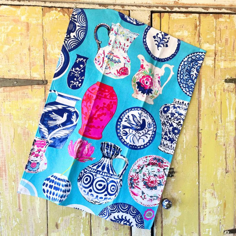 Anna Chandler Vases on Turquoise Tea-Towel
