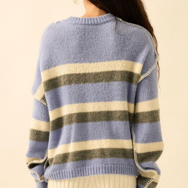 Striped Colorblock Expose-Seam Sweater in Violet Blue