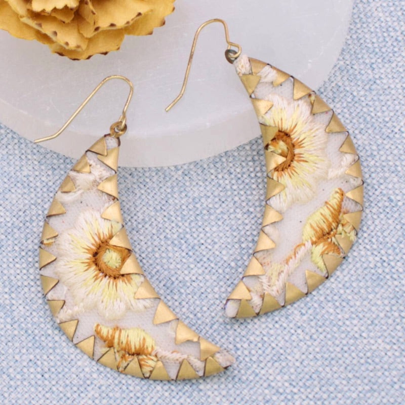 Embroidered White Flower Moon Earrings