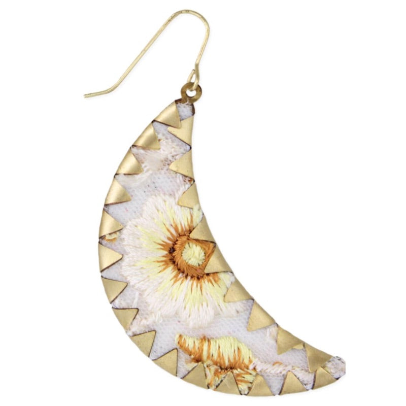 Embroidered White Flower Moon Earrings