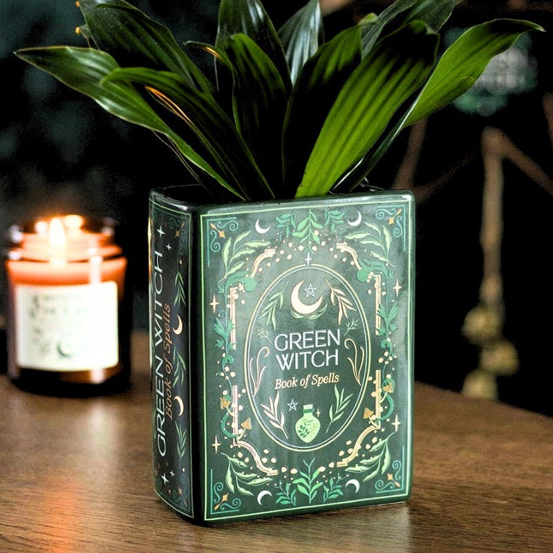 Green Witch Book Shaped Vase