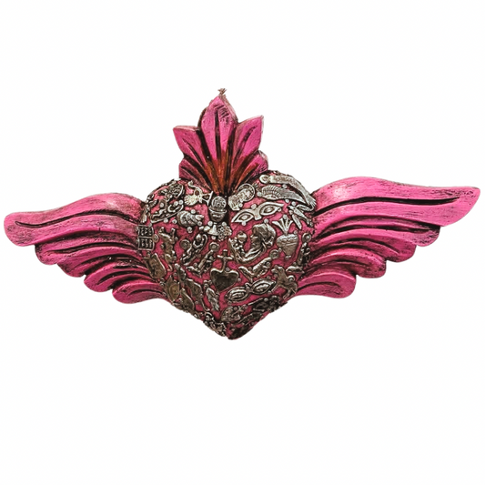 Wooden Pink Heart with Wings and Silver Milagros
