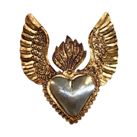 Antiqued Gold and Silver Heart with Wings in Tin