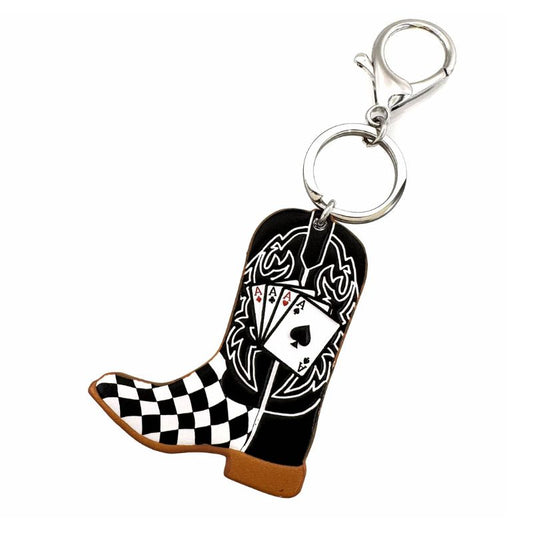 Poker Cards Cowboy Boot Checkered Keychain