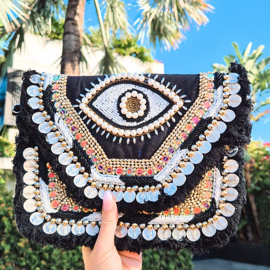 Aztec Eye Embellished Oversized Clutch in Black