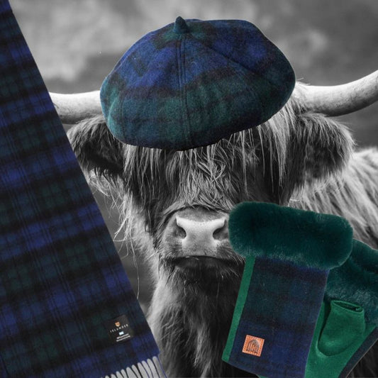 Islander UK Lambswool Fingerless Mittens in Black Watch Tartan